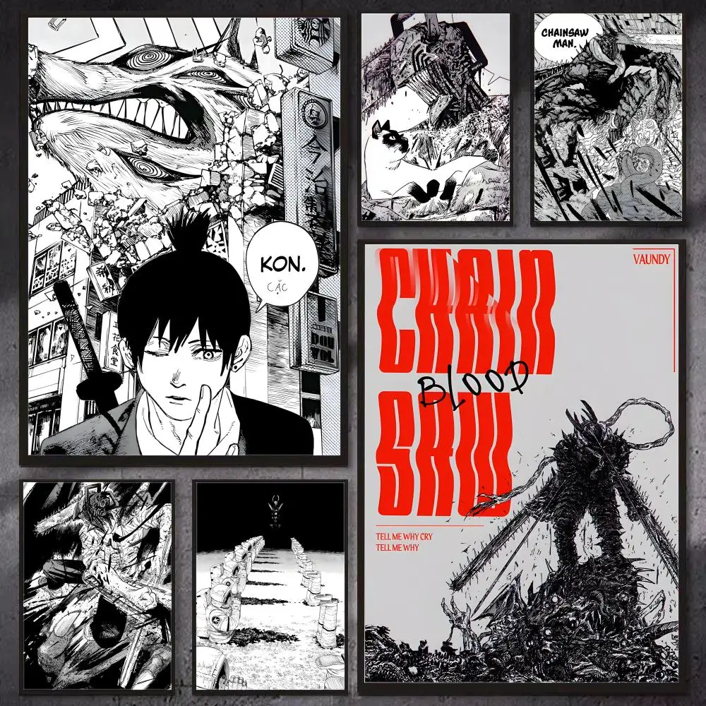 Anime C-Chainsaw Man Black And White Poster Wall Art Print, Aesthetic Room Decor, Modern Home Decor, Removable Print