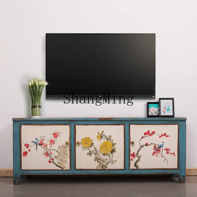 SM new Chinese style quaint paint old furniture simple coffee table TV cabinet hand painted pastoral style