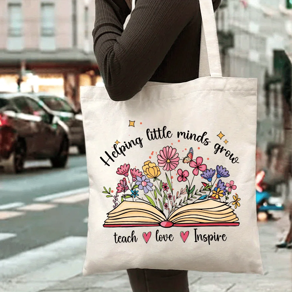 Aesthetic Floral Book Canvas Tote Bag Women Helping Little Minds Grow Graphic Shopper Bag Teach Love Inspire Daily Shoulder Bag