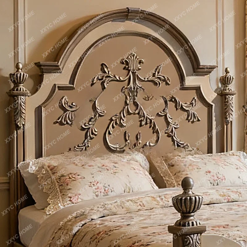 Retro Carved Solid Wood Bed Vintage Master Bedroom Princess Bed Wabi Sabi Single Bed