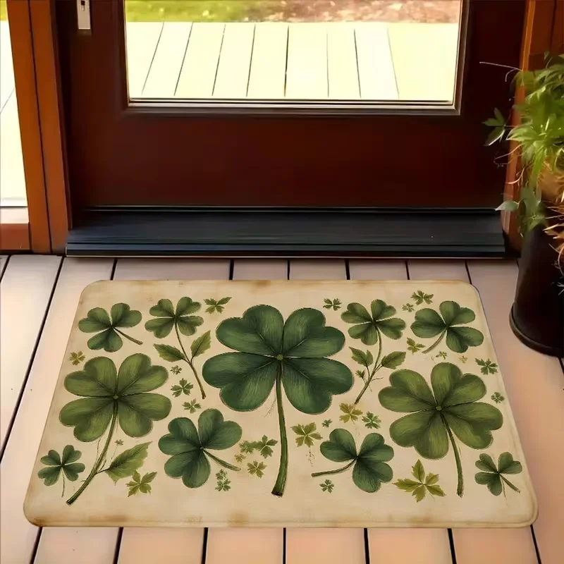 Green and Gold Welcome Door Mats with Four Leaf Clover Anti Slip Indoor Mats for St. Patrick's Day Hand Door Mats Front Doors