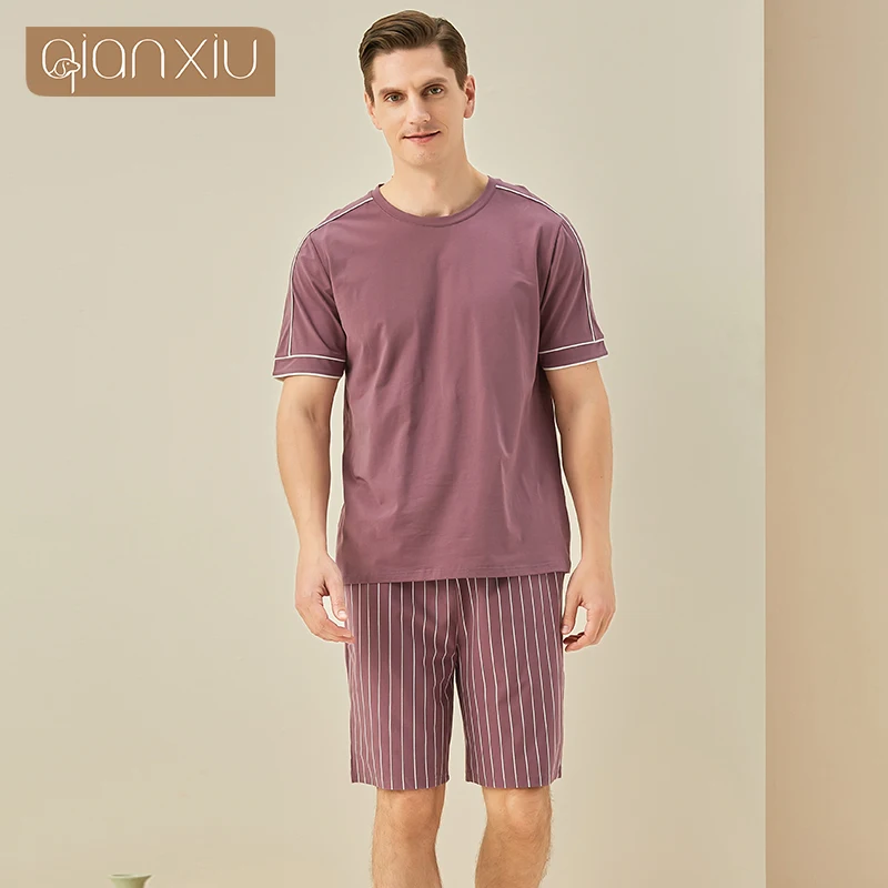 Summer New Men\'s Cotton Solid Color Short Sleeve Round Collar Top Stripe Shorts Home Set Simple  Sleepwear Home Suit