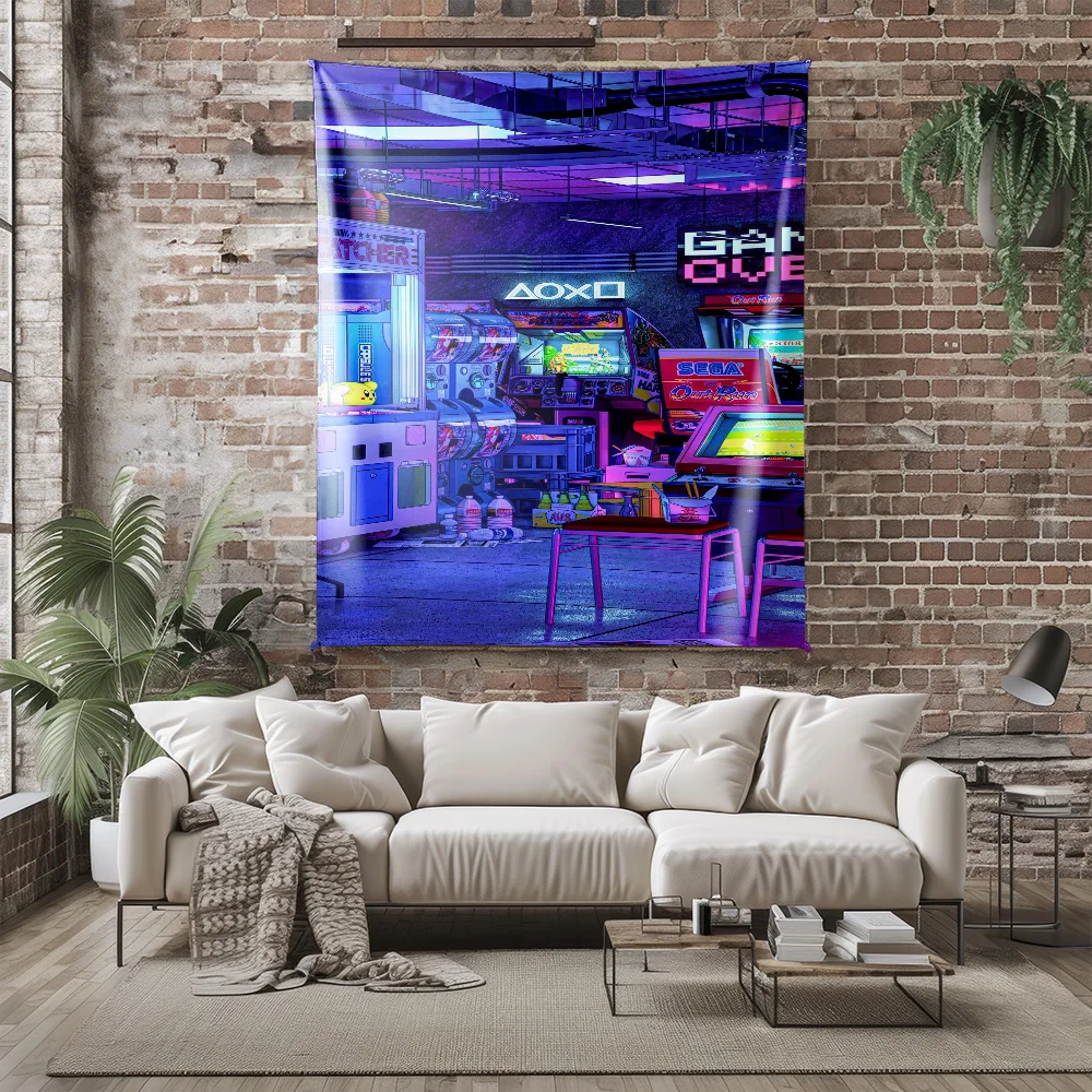 Arcade Game Room Tapestry Neon Retro Gaming Wall Decor Machine Washable All Season Living Room Bedroom Home Decor Quick Setup