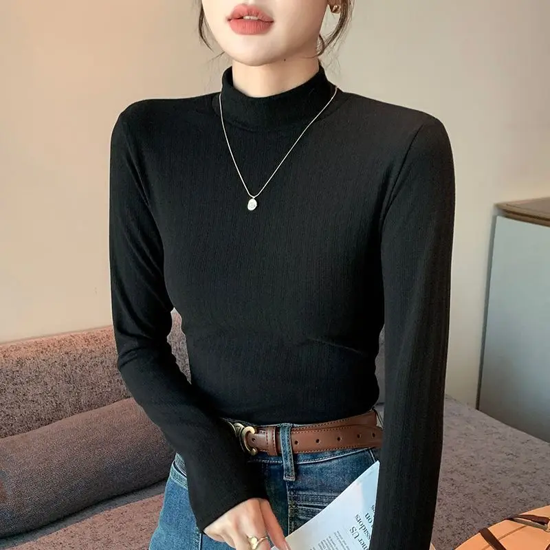 Women Ribbed Mock Neck Fleece Lined Long Sleeve Top Warm Slim Autumn Winter Inner Base Shirt