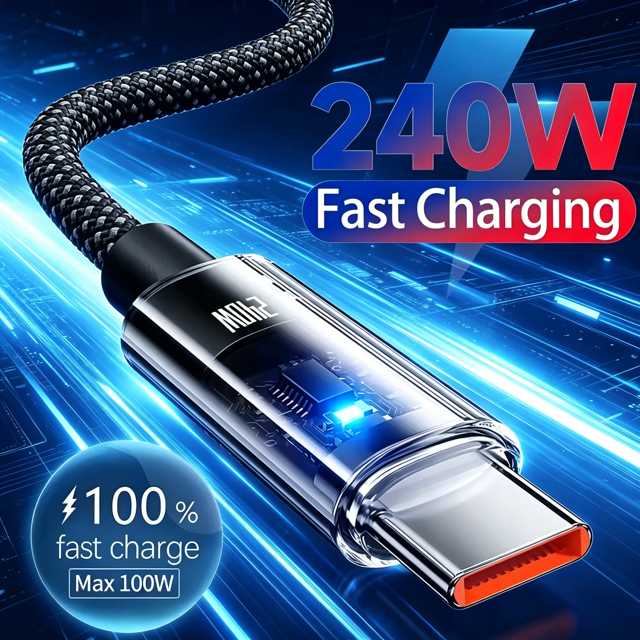 240W 10A USB to Type C Fast Charging Cable QC3.0 Nylon Braided Cord LED Light Data Transfer Wire For Samsung Xiaomi 17 15 Huawei