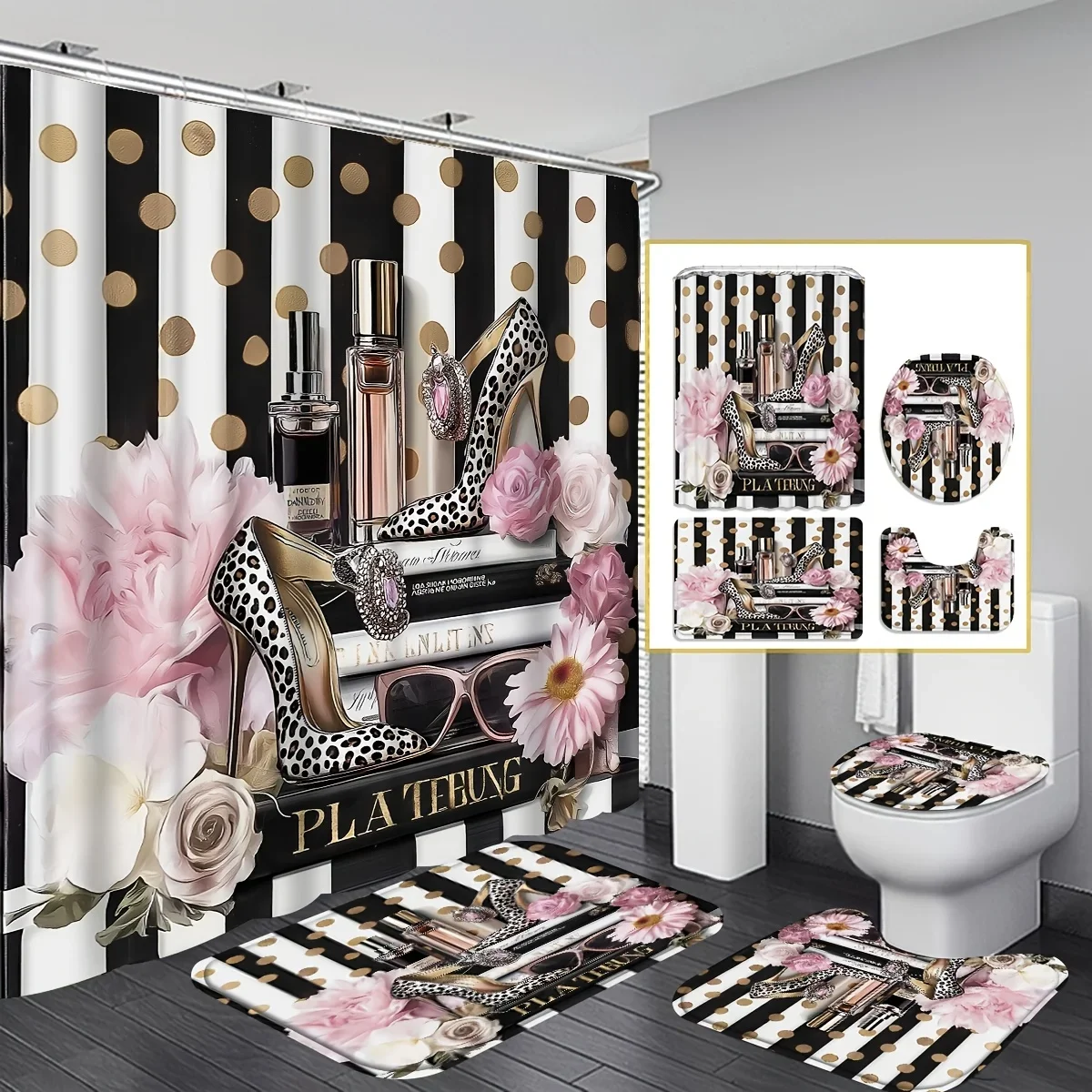 

Vintage Elegance Bathroom Four-Piece Set - Chic Waterproof Shower Curtain for a Complete Bathroom Set
