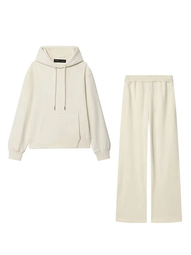 HH Mulheres Moda Outono Terno Sólido Manga Comprida Cordão Bolsos Grandes Jaqueta Com Capuz + Cintura Elástica Calças Finas Conjunto de 2 Peças