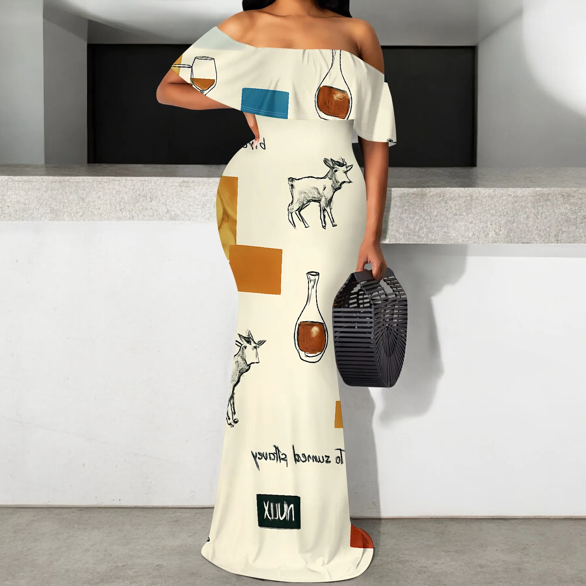 

Vintage Goat Print Off Shoulder Maxi Dress S-3XL Boho Artistic Summer Dress for Women