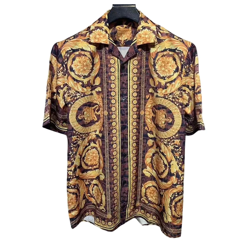 

New Men's Shirt Short Sleeve Baroque Pattern Printed Spring/Summer European Milan Casual Top High Quality Coffee Color S-XXL