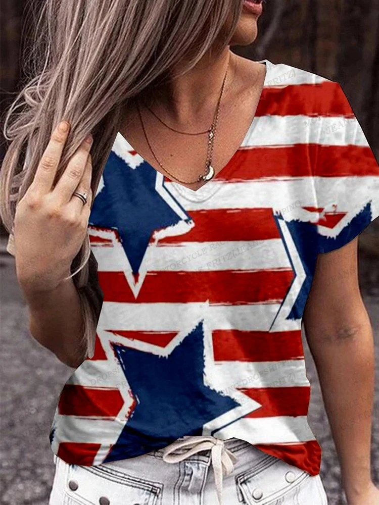 American Flag 3d Print T-shirt Women Fashion V-Neck T-shirts Short Sleeve Tops Tees Loose Casual Tees Vintage Camisetas USA Flag