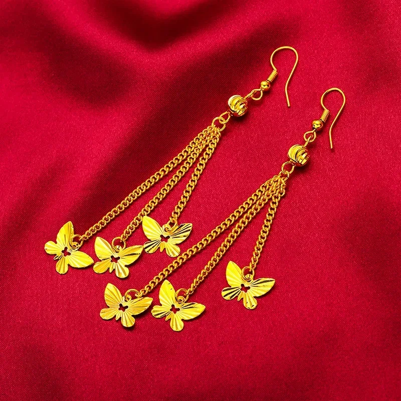 Pendientes largos con lazo de mariposa para mujer, aretes con borla, chapados en oro Real de 24K, joyería para asistencia a la fiesta, 100%