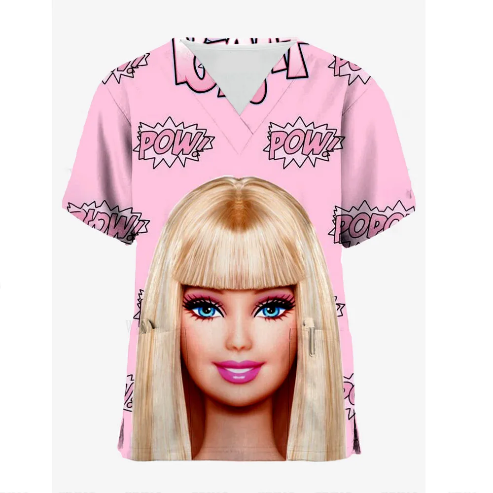 

Nursing Uniform Barbie Princess Printed Medical Work Uniform For Women And men's Beauty Salon Medical Care Short Sleeved Shirt F