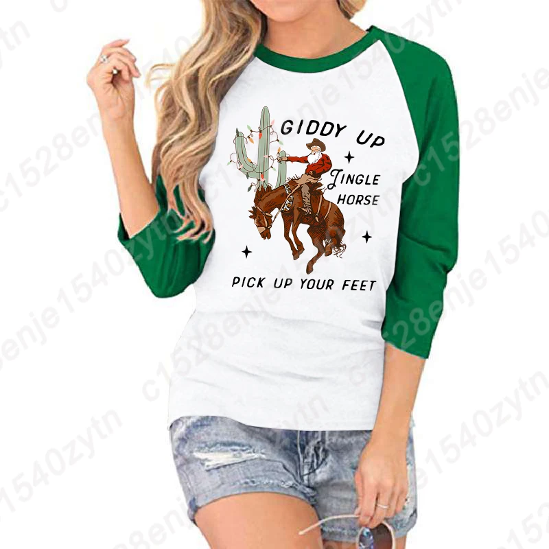 Рождественская рубашка Giddy Up Jingle Horse Pick Up Your Feet, женская летняя футболка с круглым вырезом, рукав три четверти, модная футболка