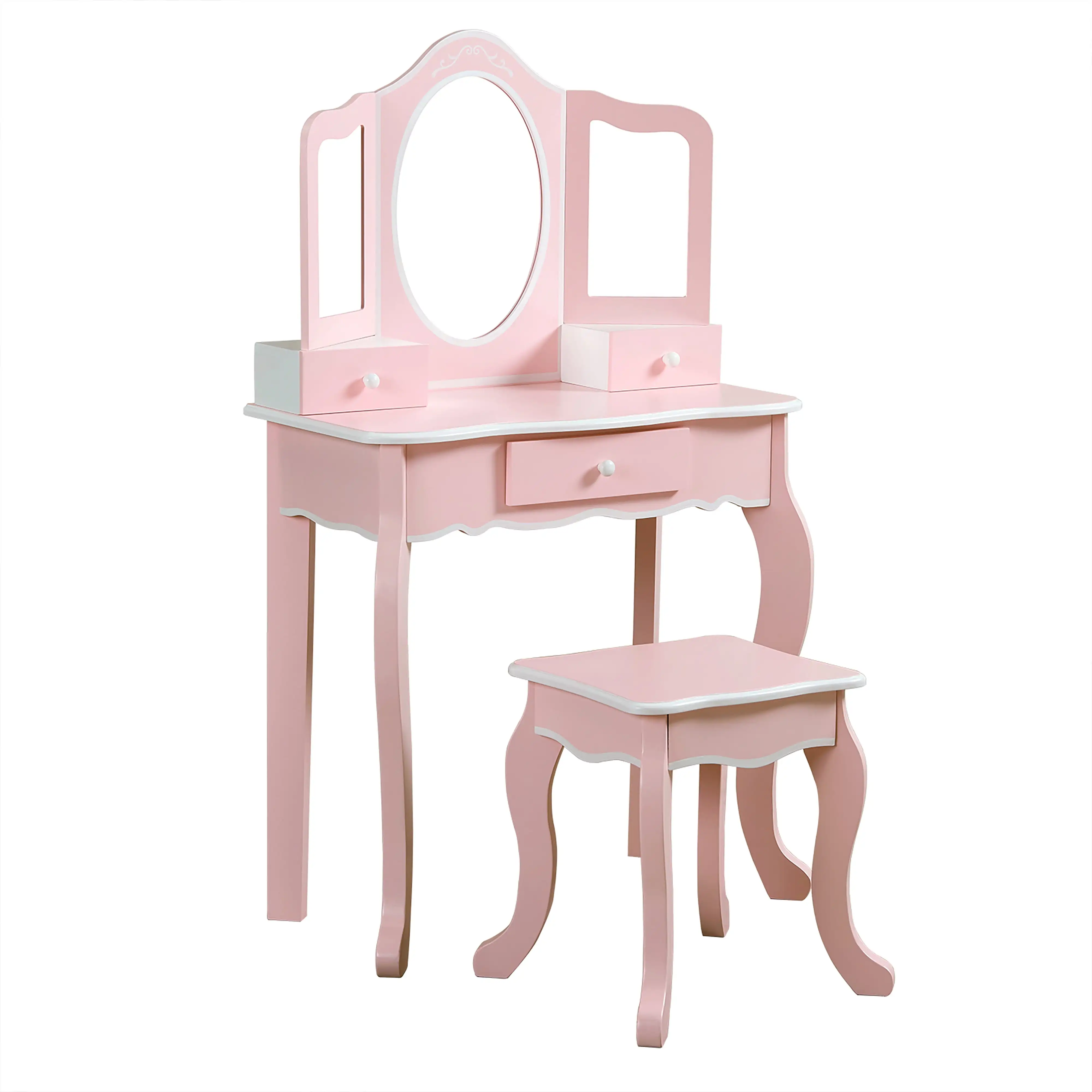 Set Meja & Bangku Rias dengan Cermin Lipat Tiga Akrilik, Merah Muda