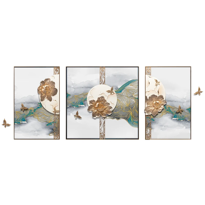 

New Chinese Style Living Room Decorative Painting Light Luxury Elegant Three-Piece Painting 3D Stereograph