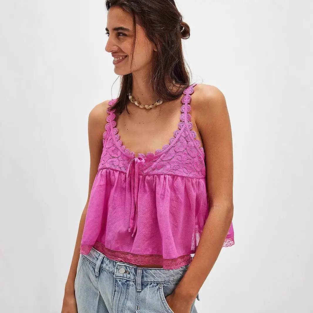 

Y2K Sle Loose Lace Trim Splice Strapl Vest Women's Cross-Border Faion U-Ne Blouse Thin Non-Stretch Svel Top