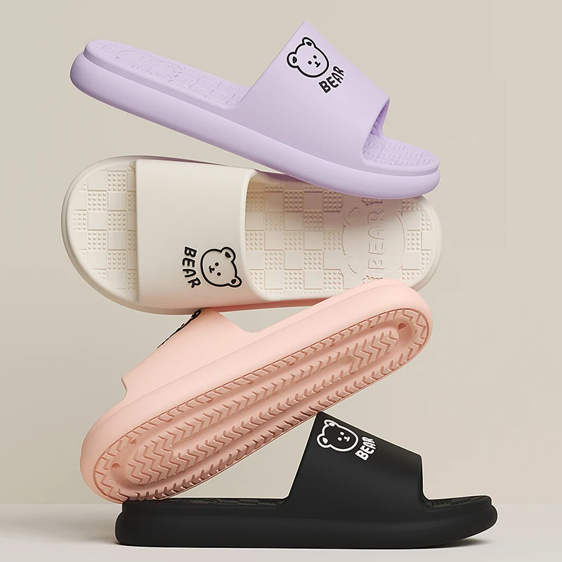 

Летние женские тапочки с мультяшным принтом медведя, домашние тапочки на плоской подошве для мужчин, пляжные шлепанцы