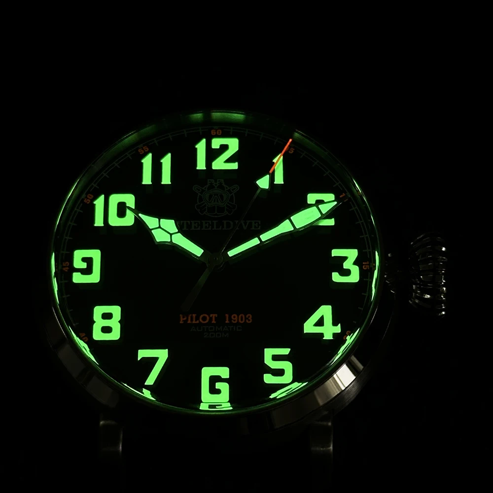 STEELDIVE Men Pilot Watch 46.5mm Military Automatic Mechanical Wristwatch Diver 20Bar Waterproof C3 Luminous Sapphire NH35