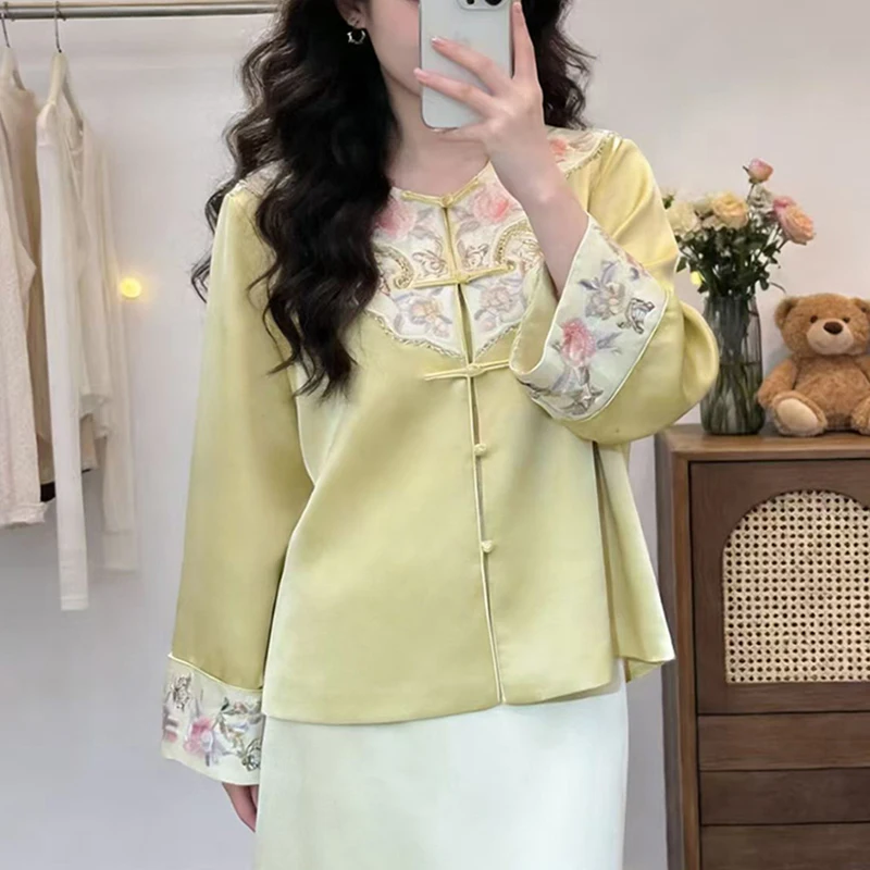 Spring New Fashionable Chinese Style Round Neck Acetate Fabric Embroidered High Quality Handmade Button Women's Coat S-XXL
