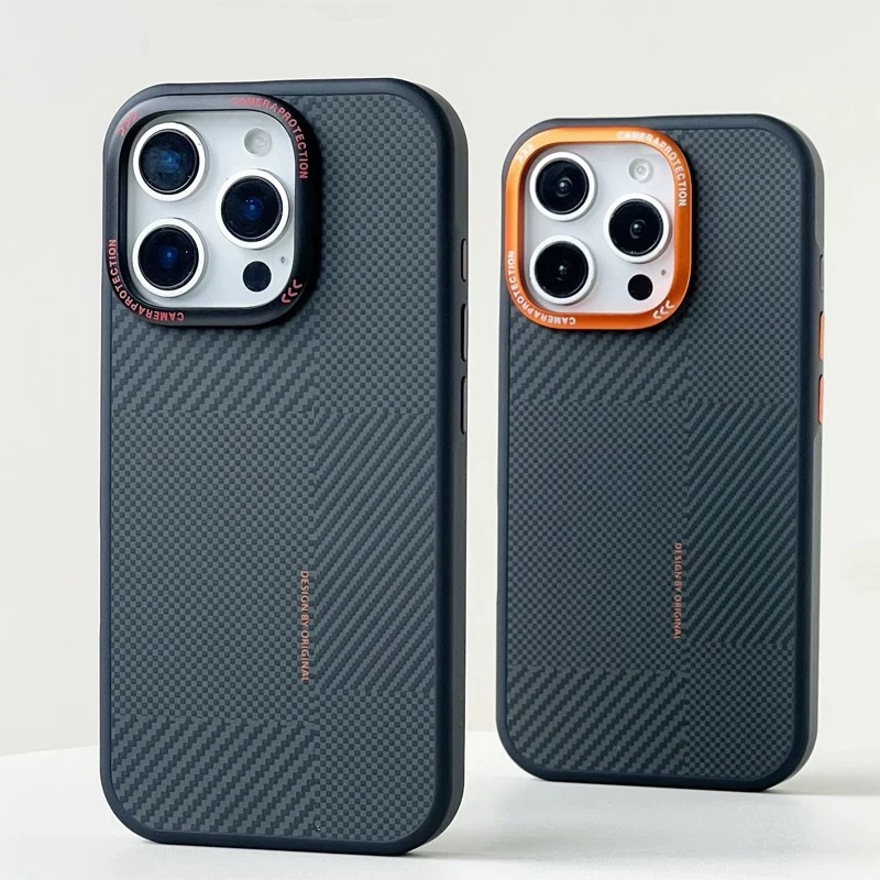 

Alloy Lens Carbon Fiber Texture MagSafe Phone Case For iPhone 14 15 16 Pro Max Magnetic Wireless Charging Matte Shockproof Cover