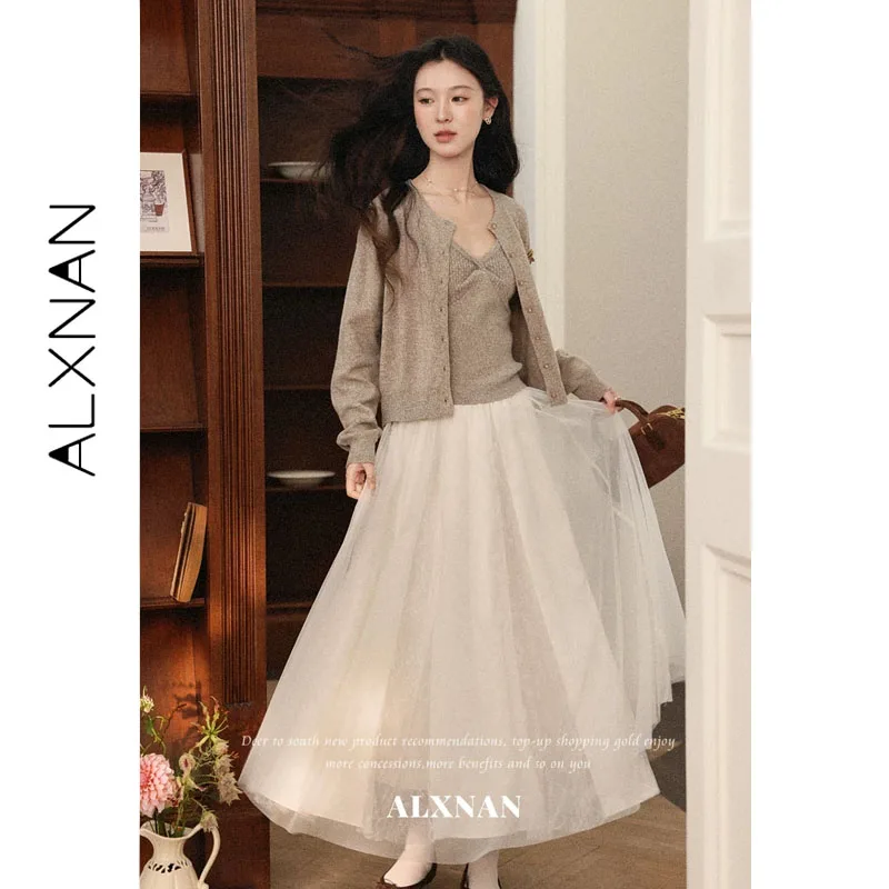 ALXNAN Apricot Midi Skirt Women Autumn High Waist Mesh A‑line Big Swing Maxi Skirt 2026 Elegant Fashion Female Clothing L67729