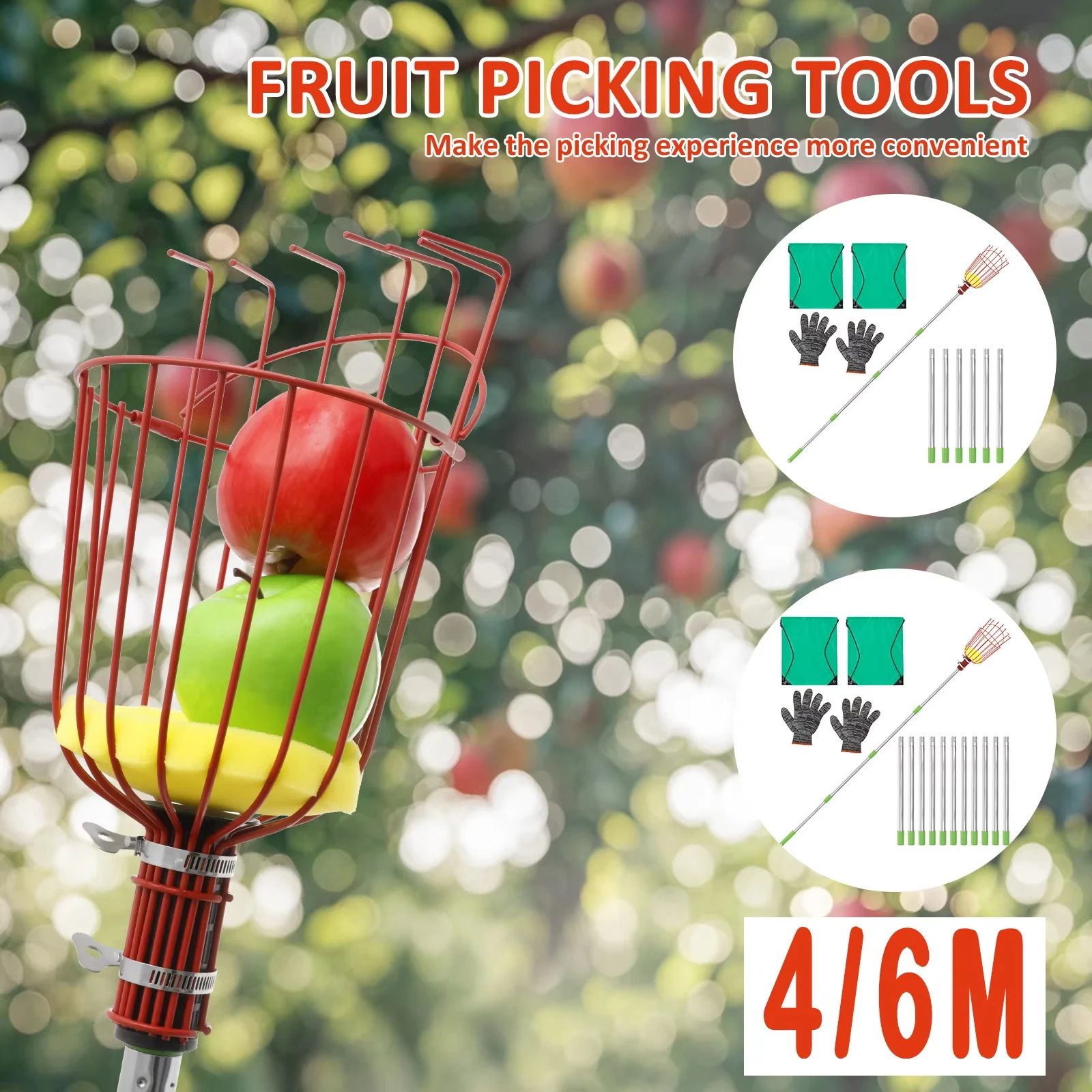 4/6 متر منتقي الفاكهة مع القطب قابل للتعديل الفولاذ المقاوم للصدأ توفير العمالة قطف الفاكهة القطب أداة البرتقال المنتقى سلة لمزرعة الكمثرى #1