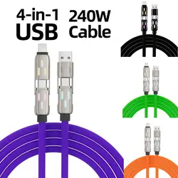 240W 4 in 1 Functional Super Fast Charge USB Type C Liquid Silicone Aluminum Alloy Data Cable For iPhone Huawei Samsung Xiaomi