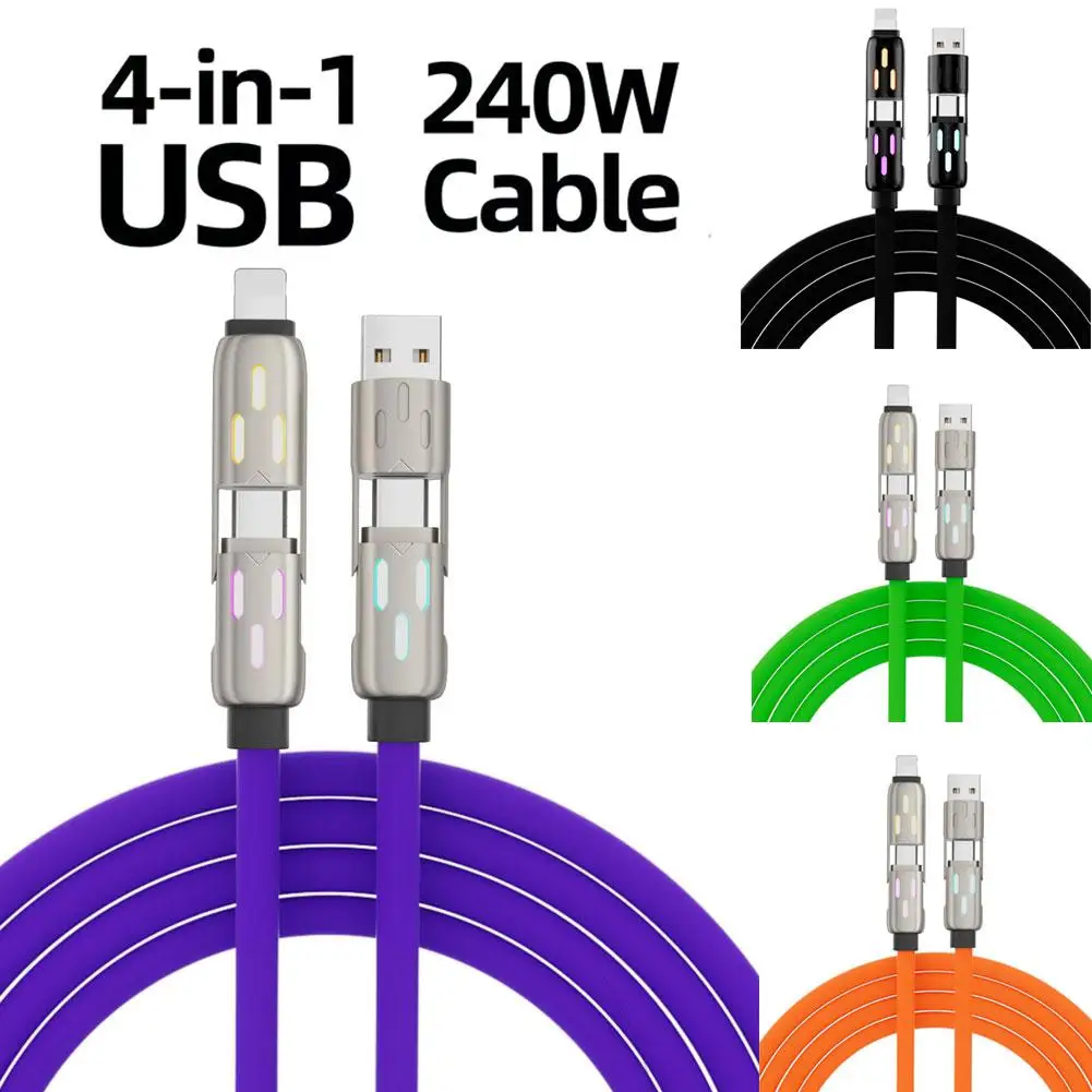 240W 4 in 1 Functional Super Fast Charge USB Type C Liquid Silicone Aluminum Alloy Data Cable For iPhone Huawei Samsung Xiaomi