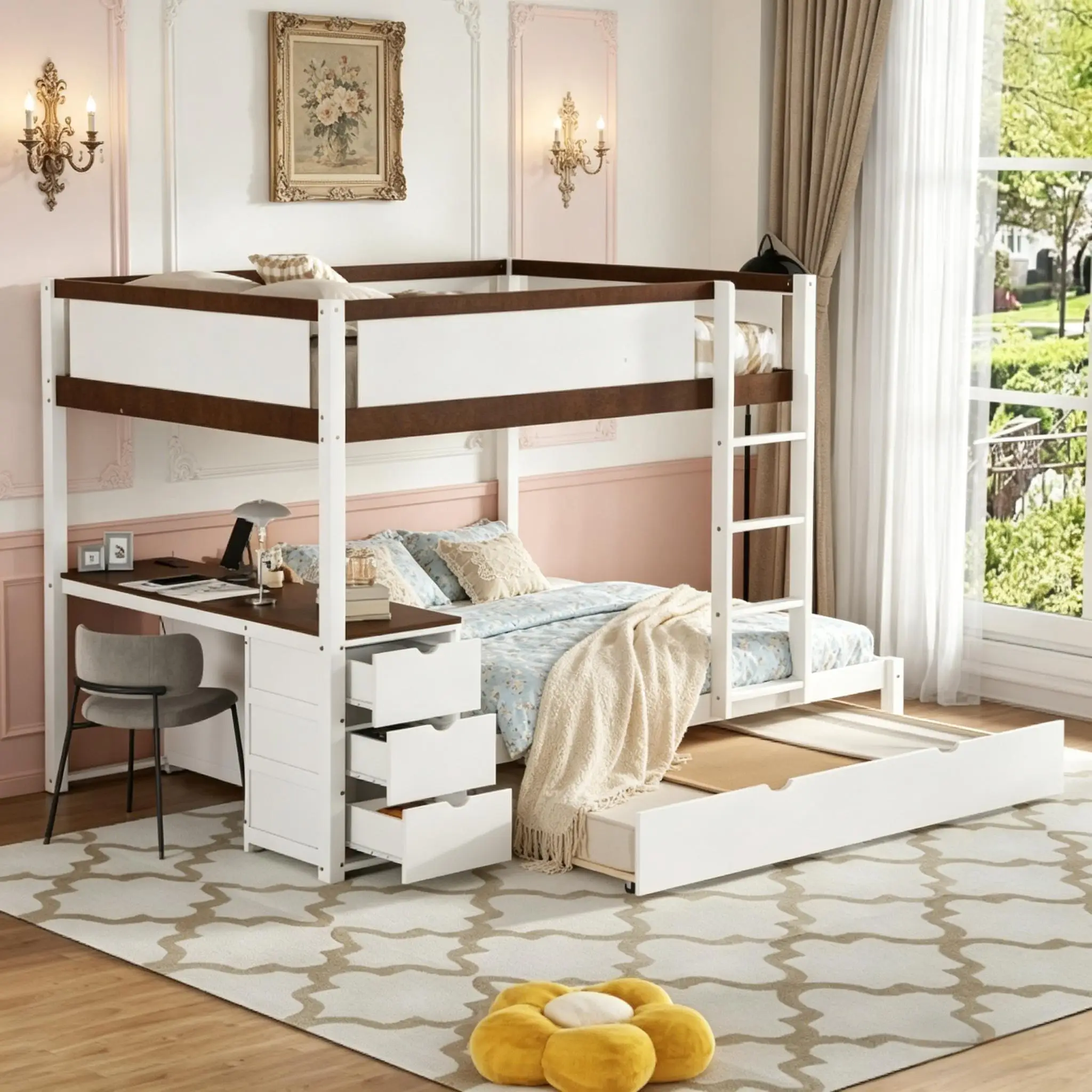 White Walnut Full Over Full Bunk Bed with Trundle