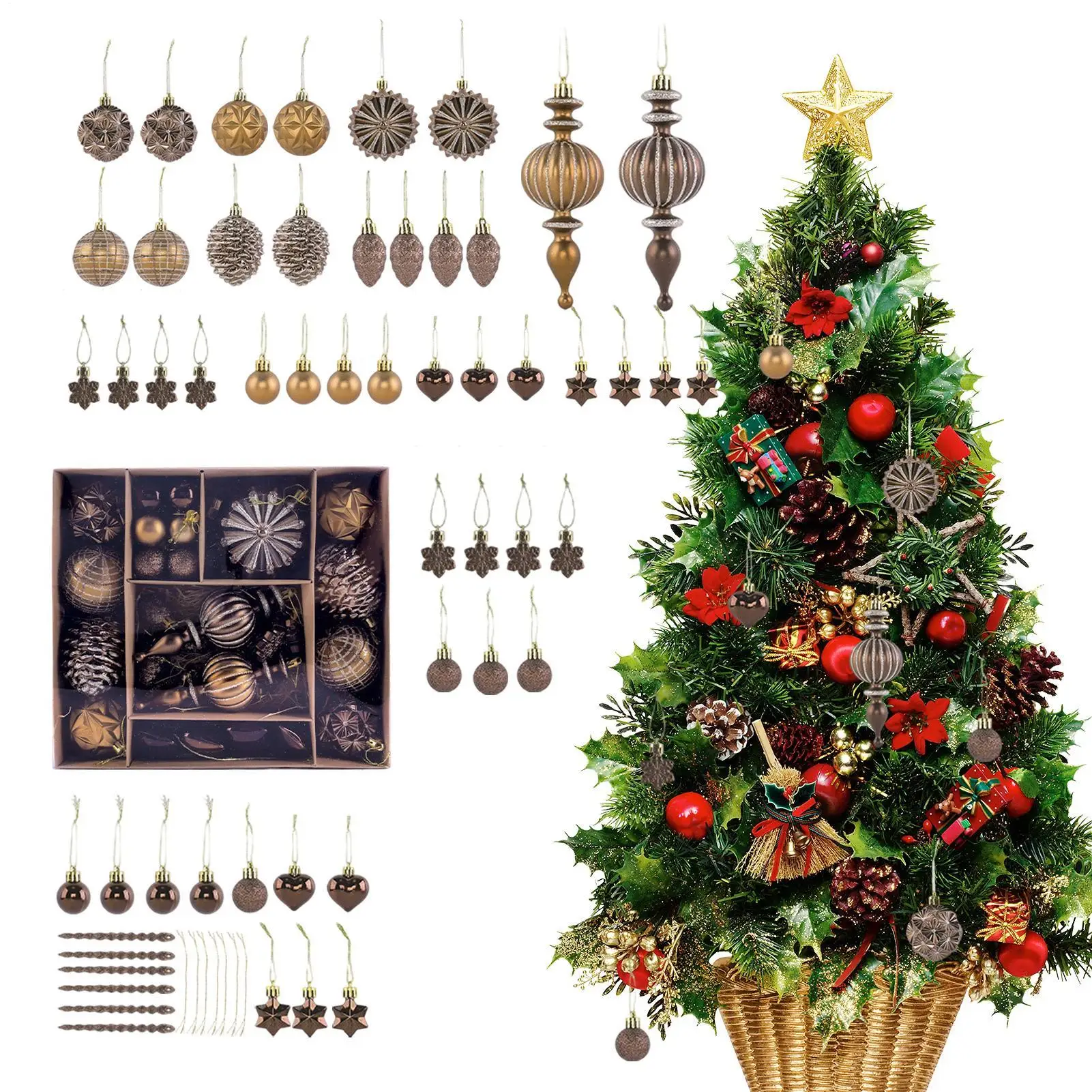 

Набор рождественских украшений, небьющиеся, 53 шт., медные, коричневые, золотые шары, домашний декор, подвеска, подвесное украшение для рождественской елки