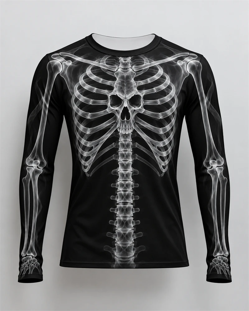Men Halloween Skeleton Bones Printed T-Shirt Long Sleeve Crew Neck Graphic Tops 3D Rib Cage Costume Casual Festival T-Shirts
