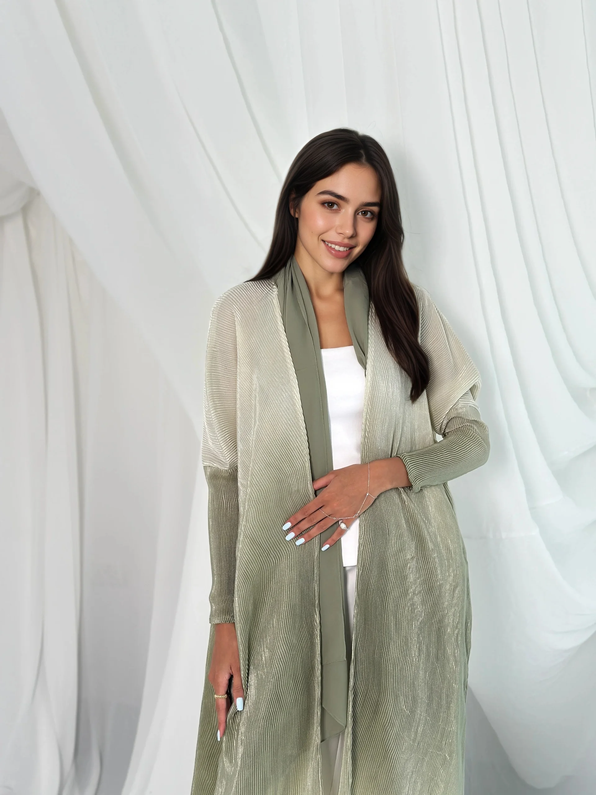 BWQ Gradient Pleated Abaya Long Robe Women's Elegant Modest Islam Outerwear Wrinkled Gradient Fabric for Dubai Casual Occasions