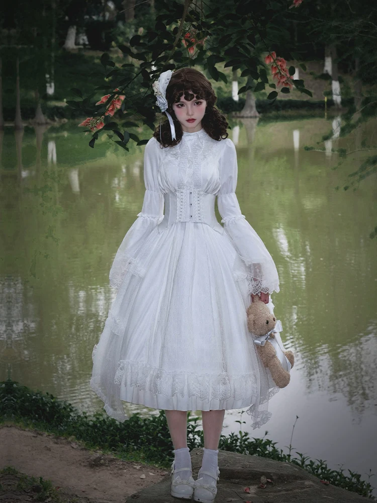 Requiem Dream Op Dress With Puji Original Design White Gothic Loose Long Sleeve Lo Dress Fishbone Waist Cover Lolita