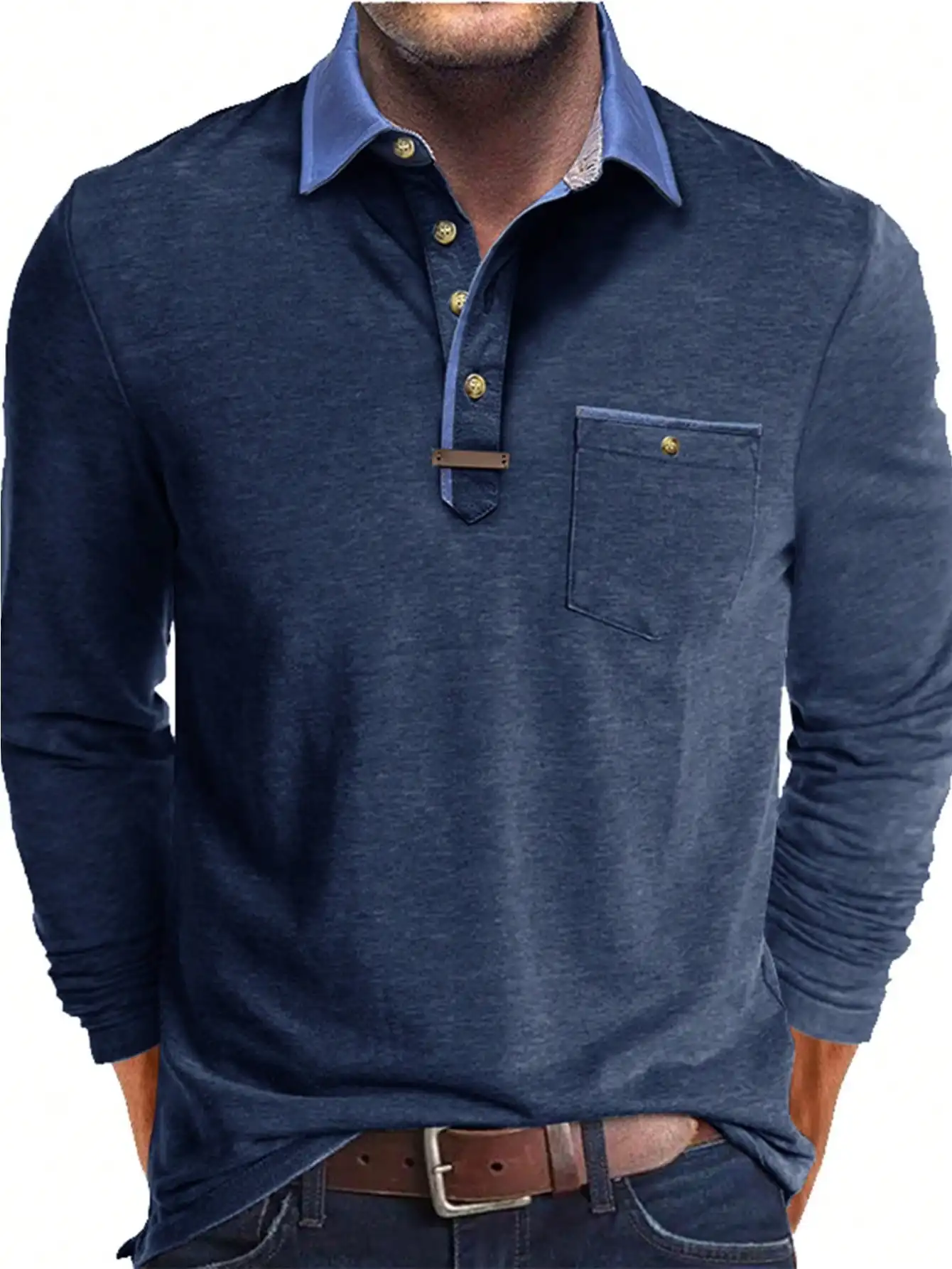 

Men's Long Sleeve Polo Shirt with Turn-Down Collar and Chest Pocket, Fall Casual Wear