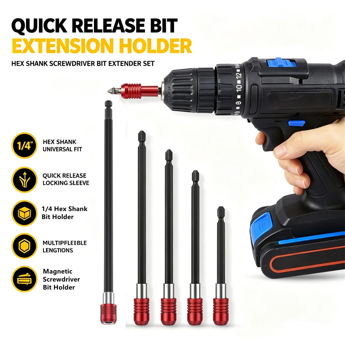 4Pcs Hexagonal Handle Red Extended Quick Release Self-locking Extension Rod 60 100 150 300 300mm Screwdriver Extension Rod Tool