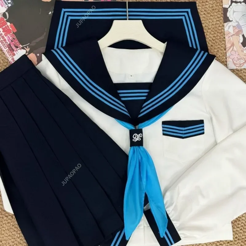 Japanese School Girl JK Uniform Skirts Suit Women Girl Bow Sailor Blouses Pleated Short Skirt Sailor Uniform JK Navy Costumes-BC