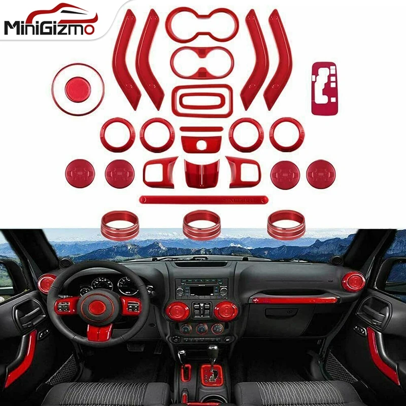 For Jeep Wrangler JK JKU 11-18 Interior Kit 28PCS Steering Wheel Center Console Door Handle Vent Cup Holder Gear Cover Trim