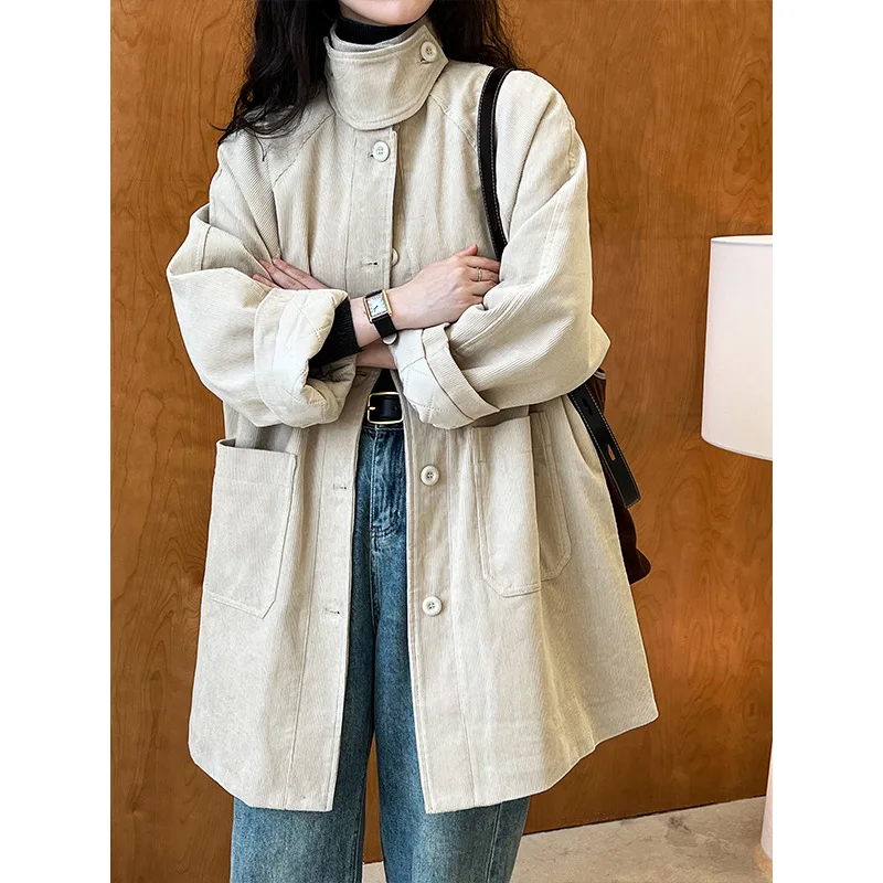 

Vintage Corduroy Oversize Jacket For Women Korean Warm Plus Cotton Windbreaker Coat Single Breasted Cotton Thickened Windbreaker