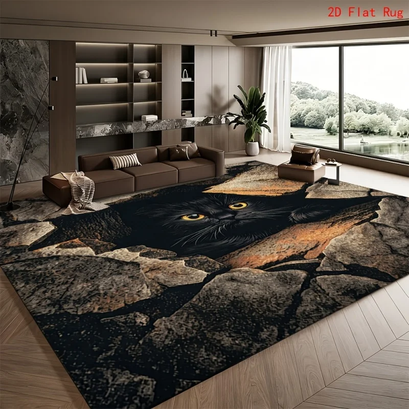 2D Black Cat Rock Crack Print Large Area Rug Soft Flannel Non Slip Floor Carpet for Living Room Modern Dark Style Bedroom Decor