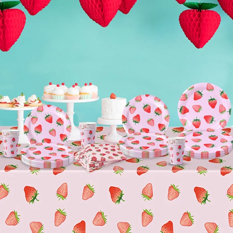 1set Strawberry Paper Banner Plate Cup Tablecloth Candy Bag For Kids 1st Summer Strawberry Birthday Party Decoration Supplies