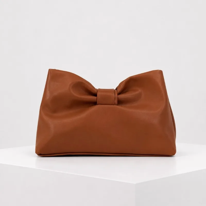 2026 Autumn Soft PU Leather Bow Handbag - Women's Dot Pattern Ruffled Cloud Bag Simple and Elegant for Formal Evening Events