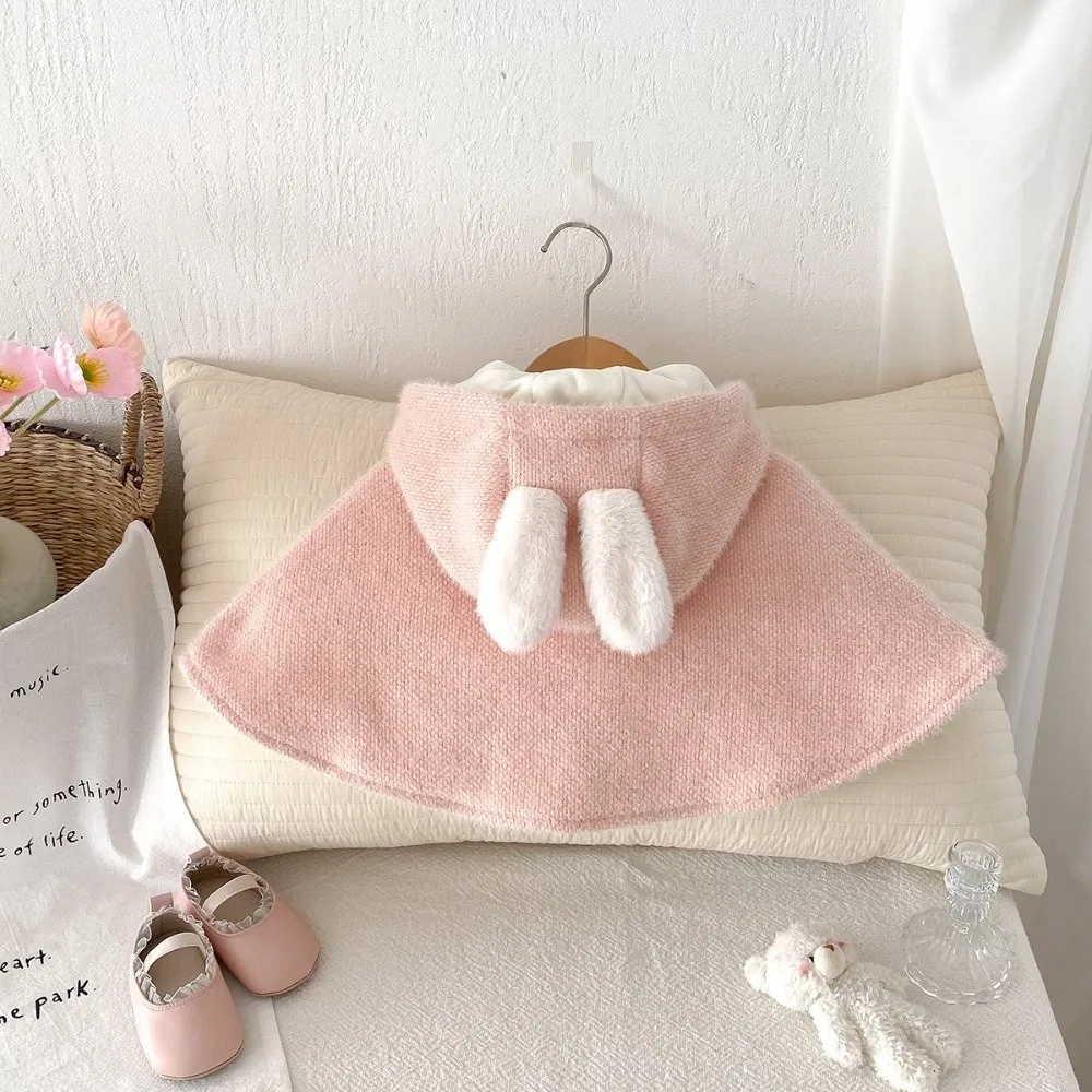 عباءة أطفال متينة دافئة بغطاء للرأس من الصوف للأميرة للأطفال الصغار من عمر 0 إلى 1 سنة شال من الدانتيل على شكل آذان أرنب