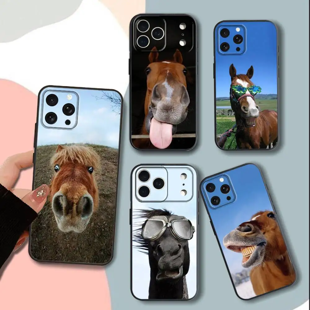 

H-Horse F-FunnyS Horses Phone Case For iPhone 15,13,16,12,11,17,14,Plus,Pro,Max,XS,XR,X,SE,Mini,Soft Silicone Black Cover