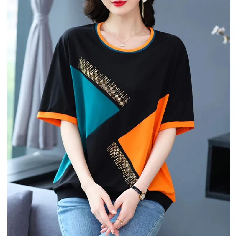 

Korean Fashion Summer T-Shirts Women Clothing O-Neck Ice Silk Contrast Color Diamonds Casual Versatile Loose Short Sleeve Tops