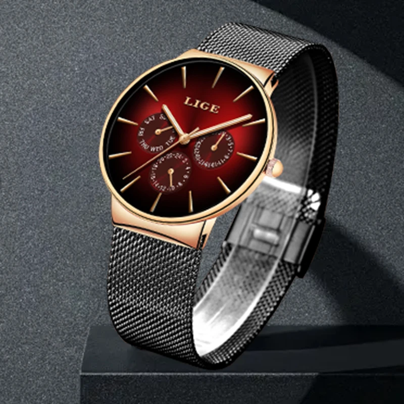 LIGE Fashion Man Watch Luxury Business Quartz Watches for Men Ultra-thin Mesh Steel Belt Waterproof Wristwatch Sports Clocks New
