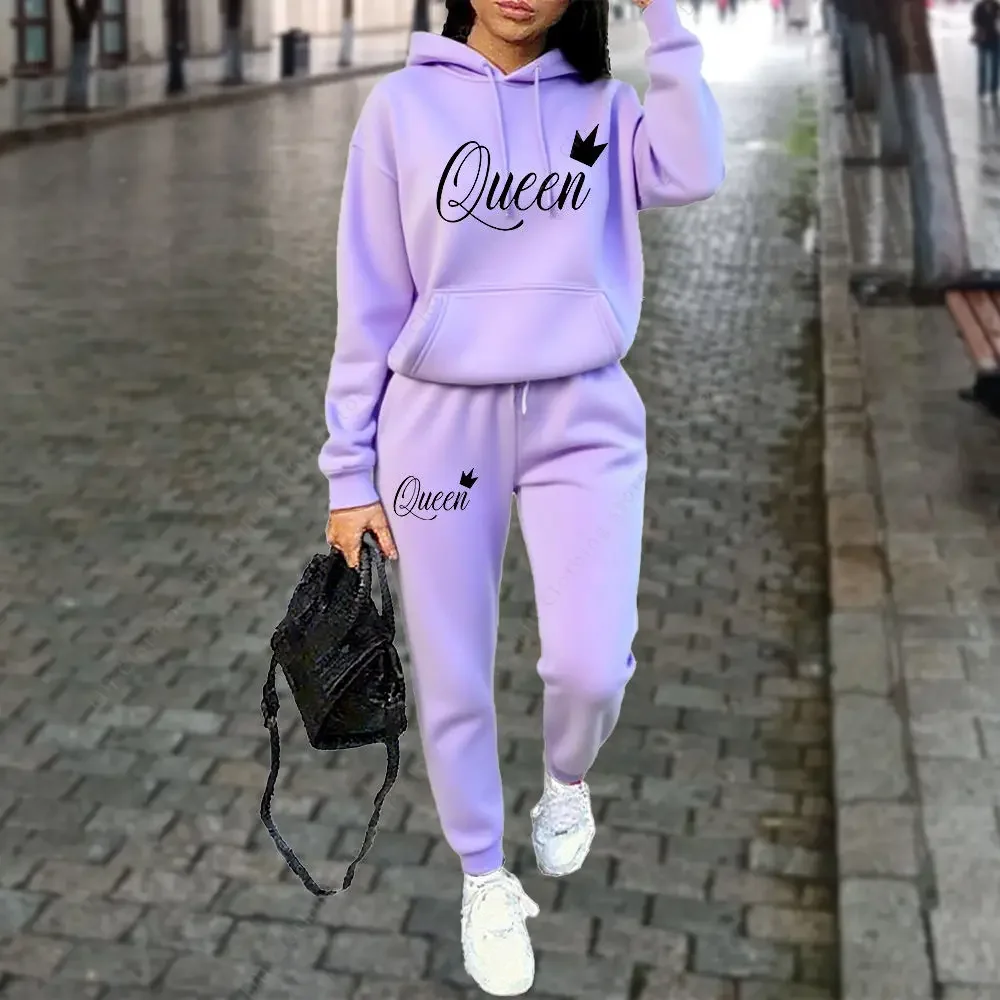 Queen Graphic Print Women 2Pcs Tracksuit Hoodie + Drawstring Jogger Pants Autumn Winter High Quality Aesthetic Casual Outfit