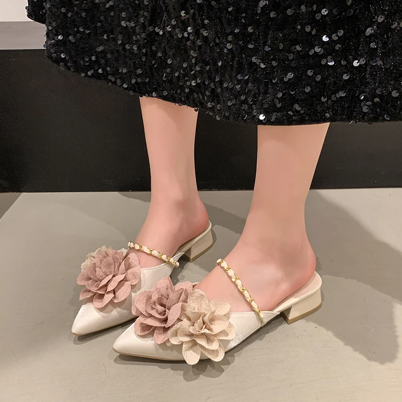 كتلة اللون زهرة عالية الكعب النعال موضة أنيقة مدبب تو كعب سميك النعال الصلبة القوس الصيف الفاخرة أحذية نسائية #2