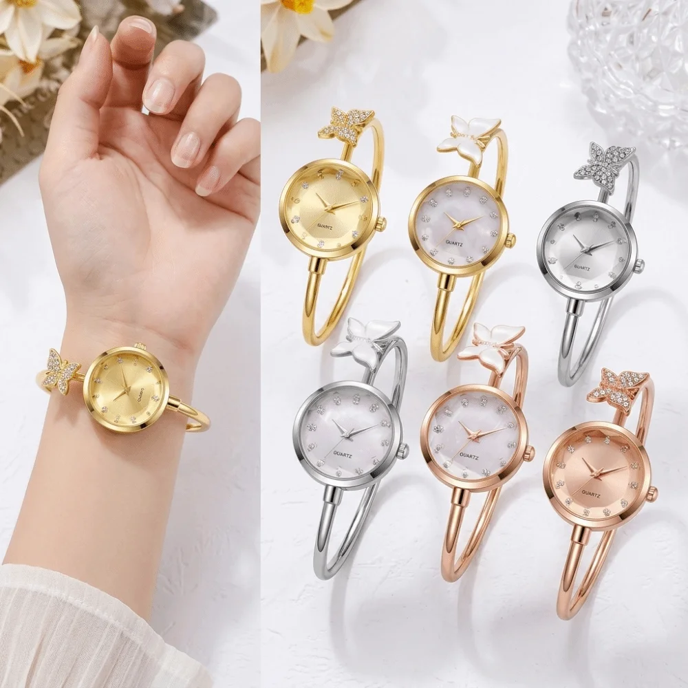 Mother of Pearl Dial Butterfly Bangle Watch Butterfly Motif Quartz Movement Jewelry Bracelet Watch Dainty Design Open Cuff