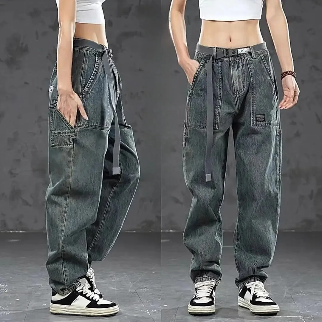 

Свободный крой, повседневная мужская рабочая одежда, джинсы, американские лоскутные брюки в стиле ретро, модные прямые брюки, эластичные длинные брюки большого размера