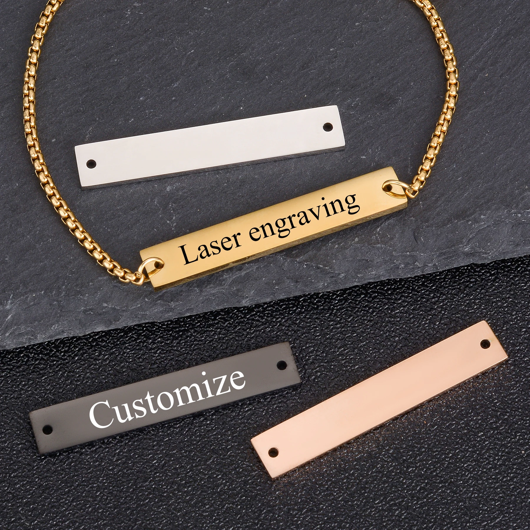 3Pcs Fashion Rectangle Connector Engraved Name Logo Date Text Stainless Steel Pendants for DIY Making Jewelry Necklace Bracelet